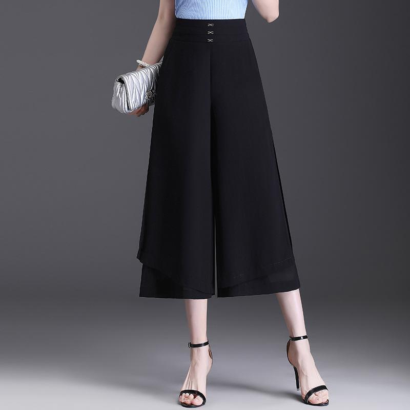 乐天商城 - ワイドパンツ レディース 春夏 七分丈 クロップド ハイウエスト ガウチョ ズボン ボトムス 通勤 オフィス カジュアル きれいめ シンプル 黒 ストレッチ ポケット ゆったり 体型カバー ポリエステル