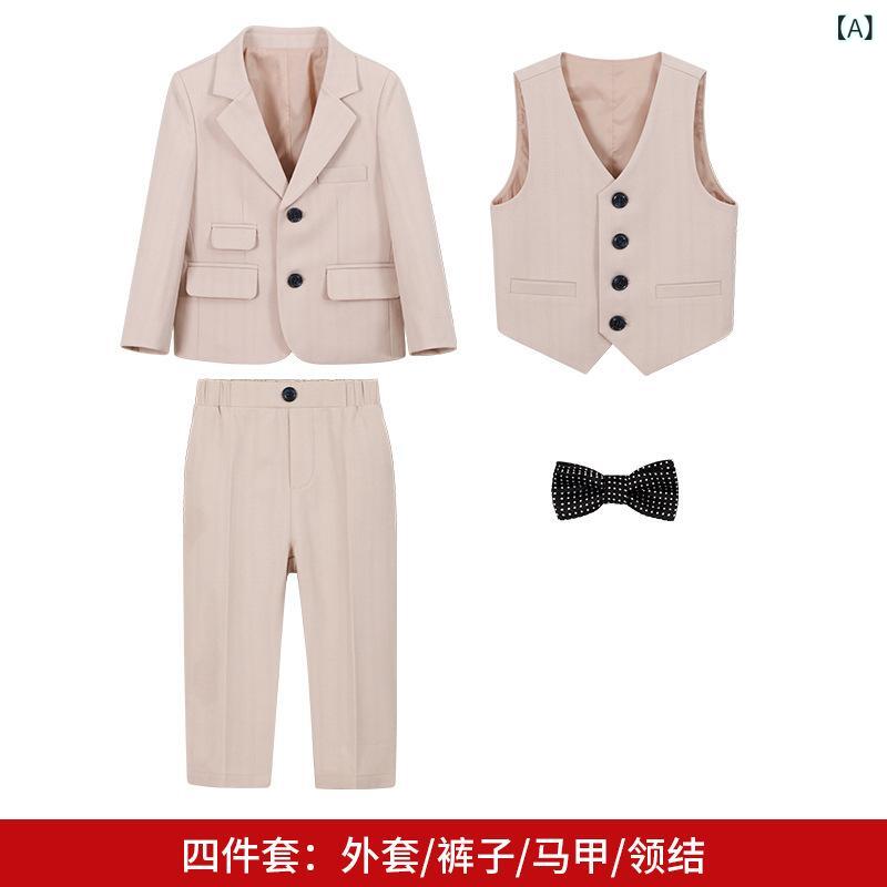 スーツ 男の子 子供用 フォーマル セットアップ 礼服 紳士風 英国風 ブリティッシュスタイル 結婚式 発表会 七五三 高級感 柔らかい 無地 ボタン ジャケット ベスト 長ズボン スラックス ポリエステル 秋冬 カーキ 2