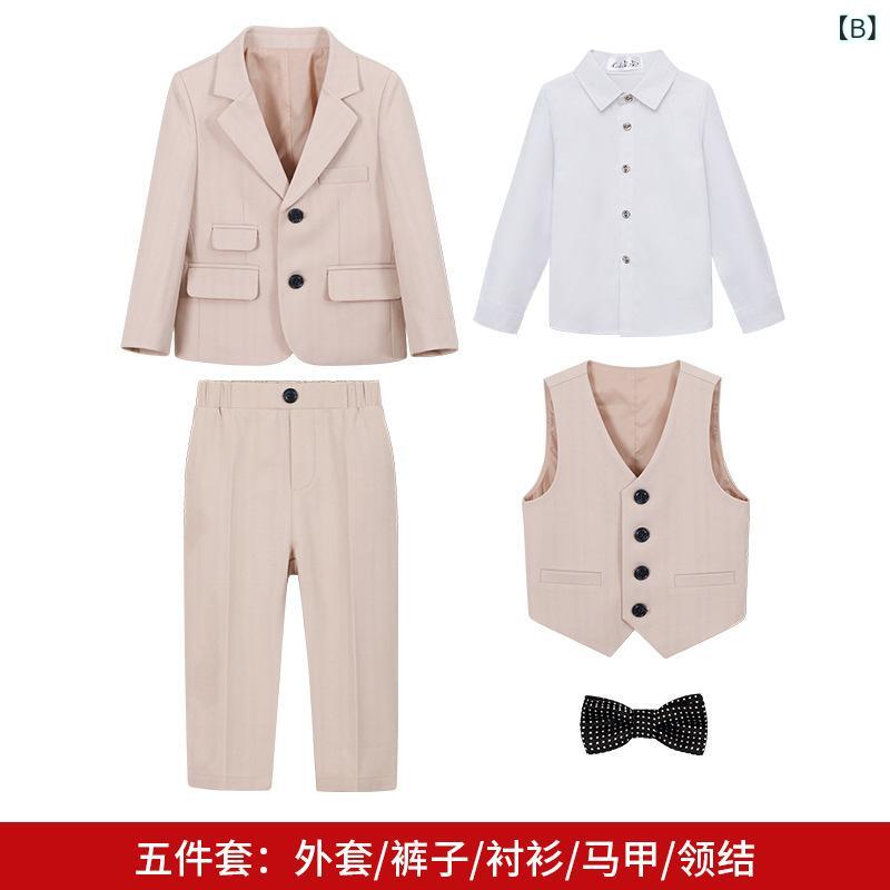 スーツ 男の子 子供用 フォーマル セットアップ 礼服 紳士風 英国風 ブリティッシュスタイル 結婚式 発表会 七五三 高級感 柔らかい 無地 ボタン ジャケット ベスト 長ズボン スラックス ポリエステル 秋冬 カーキ 3