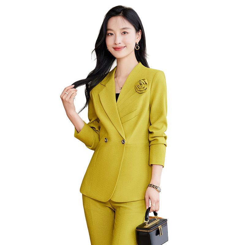 Pants Suit - スーツ レディース セットアップ 秋冬 長袖 ロングパンツ テーラードジャケット ビジネス 通勤 オフィス フォーマル 高級感 エレガント きれいめ 伸縮性 シェニール素材 ブラック マゼンタ レモンイエロー 事務服 仕事着 40代 無地