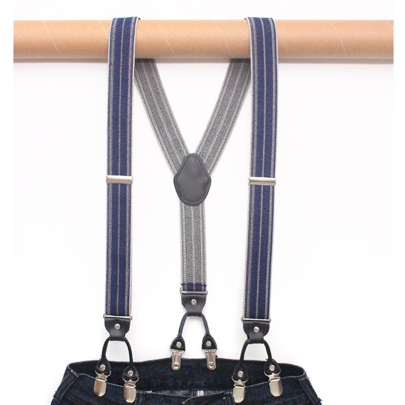 Suspenders - サスペンダー メンズ レディース ズボン吊り 6クリップ Y型 結婚式 披露宴 二次会 フォーマル ビジネス スーツ スラックス 伸縮性 ストレッチ サイズ調整 牛革 レザー ジャガード 3.5cm幅 115cm 安定感