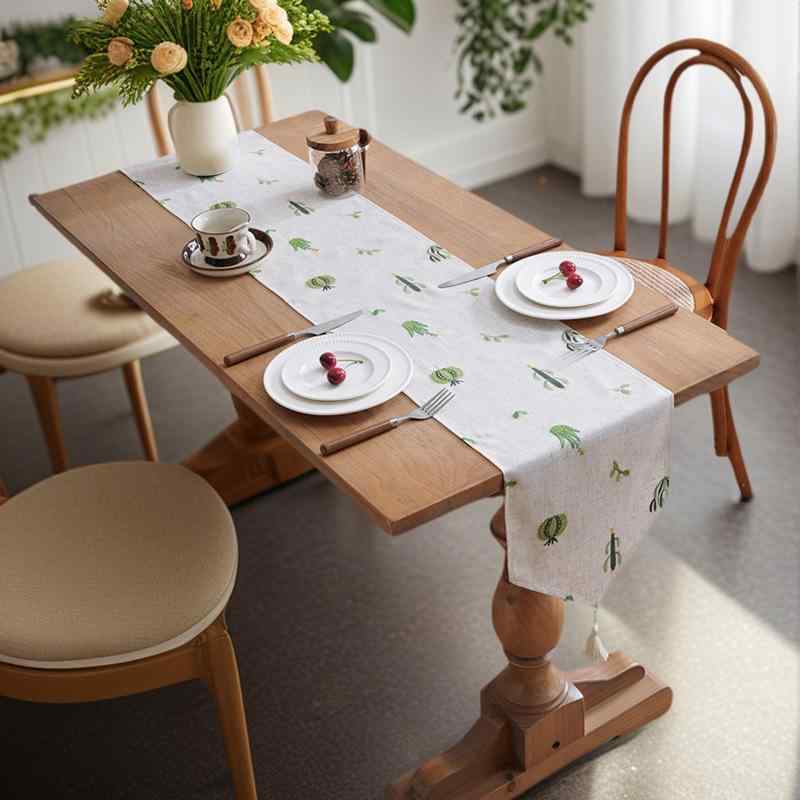 Table Runners - テーブルランナー テーブルセンター テーブルクロス リネン 麻 混紡 刺繍 麦の穂 サボテン 植物柄 ボタニカル ナチュラル カントリー風 爽やか フリンジ タッセル 高級感 おしゃれ かわいい インテリア 雑貨 ダイニングテーブル テレビボード ベッド