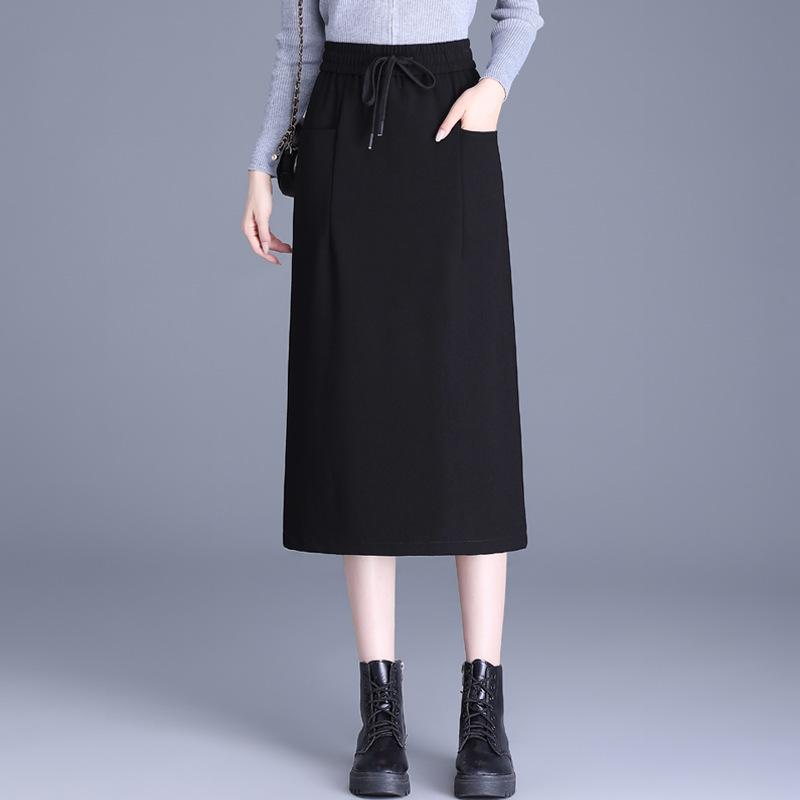 樂天商城 - スカート レディース タイト ペンシル ロング ミモレ丈 ストレート 秋冬 ウエストゴム スリット ポケット 切り替え ストレッチ 伸縮性 ポリエステル きれいめ カジュアル 通勤 オフィス 普段使い ブラック 黒 40代