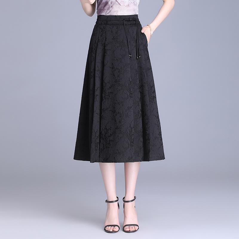 樂天商城 - スカート レディース プリーツ 膝下 ミモレ丈 Aライン チャイナ風 レトロ ジャガード 切り替え 体型カバー 美脚効果 ハイウエスト 通勤 普段使い お呼ばれ きれいめ 上品 ブラック 春夏 ポリエステル 40代