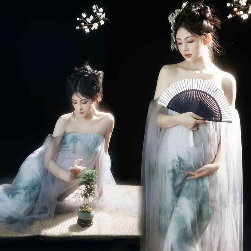 ドレス レディース マタニティ 妊婦 プレママ フォト 撮影用 スタジオ 産前 チュール メッシュ シフォン 再生繊維 七分袖 ミディ丈 ホワイト 清楚 上品 華やか 透け感 Aライン 春夏 高級感