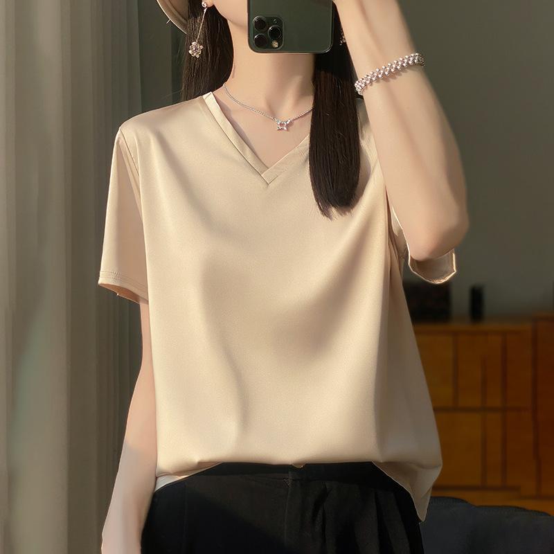 Tシャツ レディース トップス 半袖 Vネック 春夏 無地 調 サテン アセテート繊維 ゆったり シンプル 上品 きれいめ オフィス 通勤 普段使い インナー プルオーバー ホワイト シャンパン シルバー 高級感 光沢感 体型カバー 涼しい ティー(4.0)
