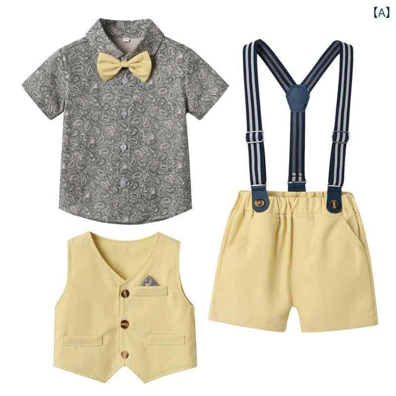 フォーマルスーツ キッズ 男の子 春夏 半袖 シャツ ベスト サスペンダーパンツ 紳士 礼服 欧米風 小花柄 無地 3点セット 綿 コットン イエロー オレンジ ブルー 発表会 結婚式 七五三 80-140cm