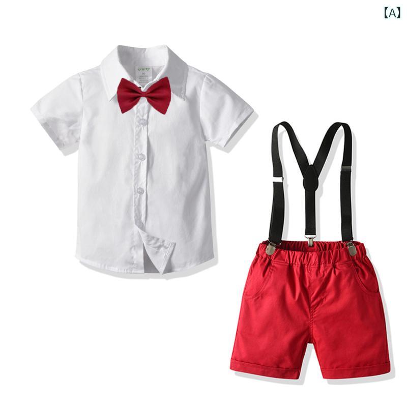 Top & Bottom Sets - セットアップ 男の子 キッズ ベビー フォーマル スーツ 紳士服 礼服 発表会 1歳 誕生日 お祝い 半袖 ハーフパンツ 夏 コットン 綿 赤 シンプル 無地 欧米風 かっこいい 上下セット 2点セット ボタン カジュアル 結婚式 パーティー 快適 通気