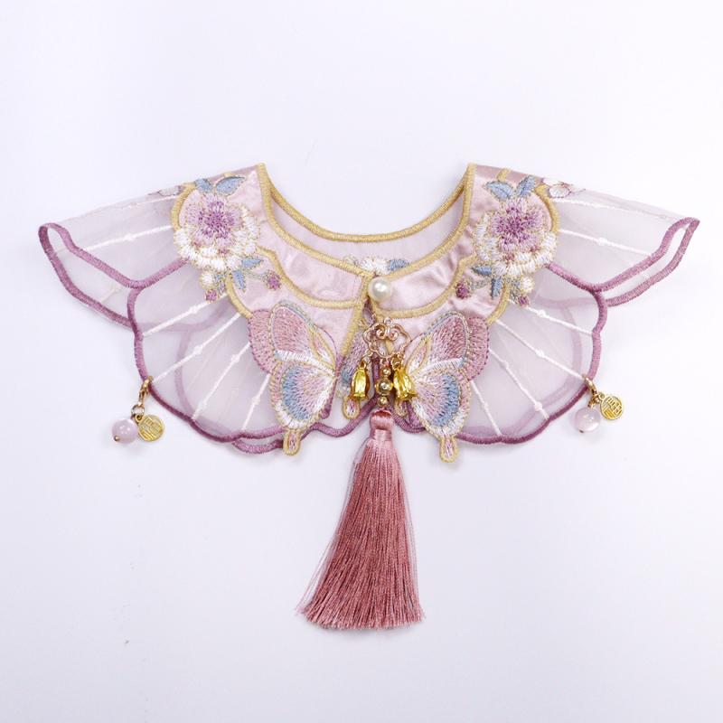 ペット ショール 男の子 女の子 猫 犬 付け襟 刺繍 蝶 花柄 パール ボタン フリンジ 漢服風 アクセサリー オーガンジー 中華風 ピンク パープル スタイ よだれかけ 高級感 かわいい オールシーズン 撮影用 行事 散歩 華やか