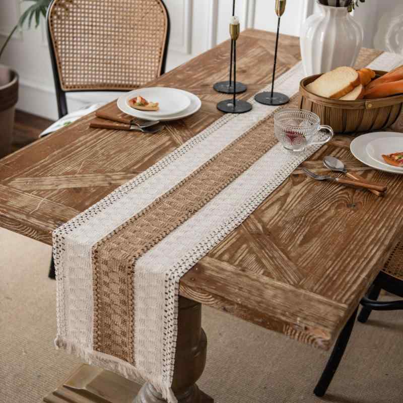 テーブルランナー 綿 麻 ジュート 天然素材 編み込み フリンジ タッセル バイカラー 高級感 アメリカンカントリー ナチュラル ヴィンテージ風 ダイニング リビング パーティー 黄 赤 黒 オールシーズン