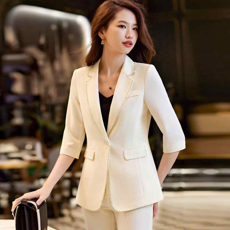 礼服, 丧服 - セットアップ レディース パンツスーツ テーラードジャケット 七分袖 スリム ビジネス オフィス 通勤 事務服 フォーマル 春夏 ノーアイロン 無地 ベージュ ブラック 黒 きれいめ 上品