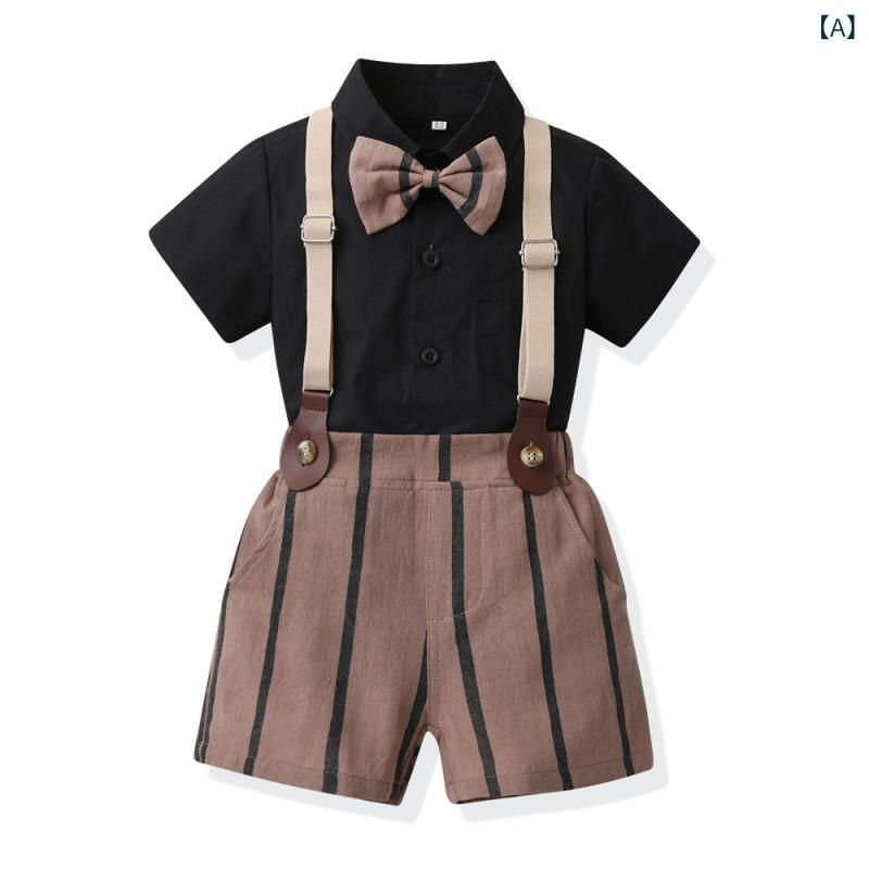 フロントップ楽天市場店のセットアップ 男の子 キッズ 春夏 半袖 シャツ ストライプ サスペンダーパンツ 蝶ネクタイ フォーマル スーツ 上下セット かっこいい 韓国 綿 コットン 結婚式 発表会 ブラック カーキ レモンイエロー ボタン｜アングル2