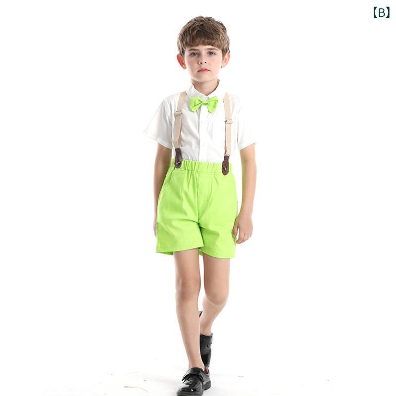 フロントップ楽天市場店のセットアップ 男の子 キッズ 春夏 半袖 シャツ ストライプ サスペンダーパンツ 蝶ネクタイ フォーマル スーツ 上下セット かっこいい 韓国 綿 コットン 結婚式 発表会 ブラック カーキ レモンイエロー ボタン｜アングル3