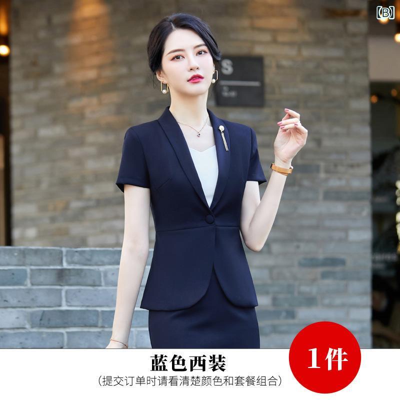 スカートスーツ レディース セットアップ 上下セット 半袖 ジャケット タイトスカート 事務服 制服 ユニフォーム 通勤 美容院 フォーマル 春夏 高級感 上品 ポリエステル レーヨン ブラック ブルー グレー 30代 frontop-13331395 フロントップ楽天市場店 サンプル画像3