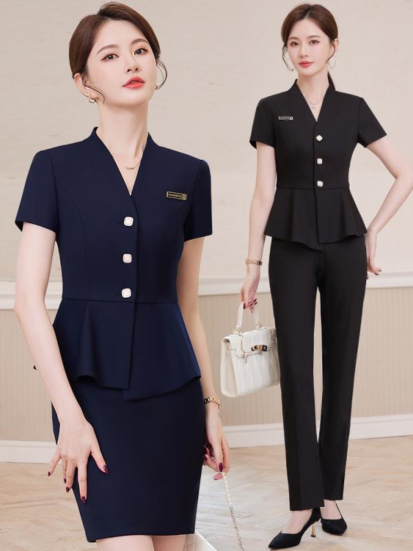 セットアップ レディース 半袖 ジャケット 事務服 ユニフォーム ビジネススーツ パンツ スカート ワークウェア 通勤 接客 エステ 春夏 ストレッチ 伸縮性 涼しい 清潔感 高級感 ブラック ブルー ライトグレー ポリエステル
