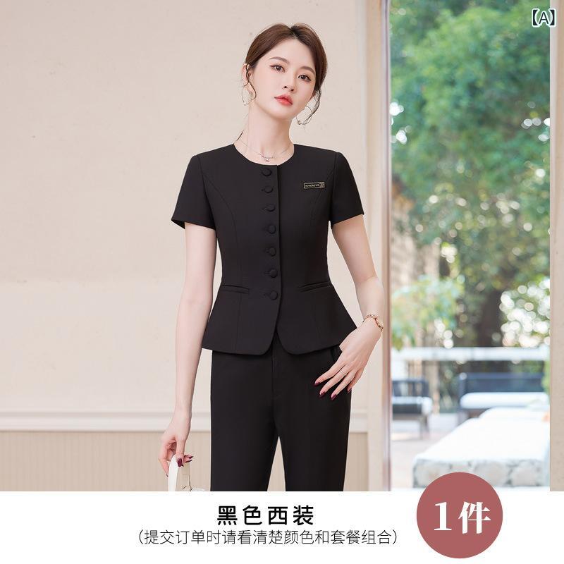 スーツ レディース セットアップ 春夏 半袖 テーラードジャケット パンツ スカート ビジネス フォーマル 制服 2点 高級感 上品 エレガント ポリエステル ストレッチ ブラック ブルー ライトグレー 受付 美容院 接客