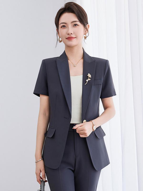 Pants Suit - セットアップ レディース テーラードジャケット 半袖 九分丈パンツ ビジネス オフィス 通勤 春夏 涼しい 薄手 きれいめ エレガント 着痩せ スリム 低身長 小柄用 ポリエステル 黒 ダークグレー アプリコット 高級感
