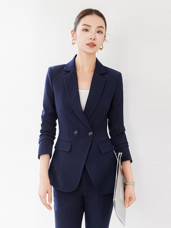 Pants Suit - セットアップ レディース パンツスーツ 上下 テーラードジャケット テーパード スラックス リクルート フォーマル 就職活動 面接 通勤 高級感 長袖 無地 ストレッチ ポリエステル ネイビー ブラック 春秋