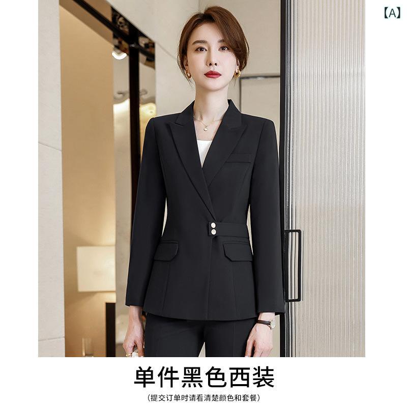 Pants Suit - セットアップ レディース 秋冬 長袖 ロング丈 ビジネス オフィス 通勤 制服 フォーマル パンツスーツ スカート きれいめ 高級感 ブラック グレー ネイビー ポリエステル ストレッチ テーラードジャケット 大きいサイズ
