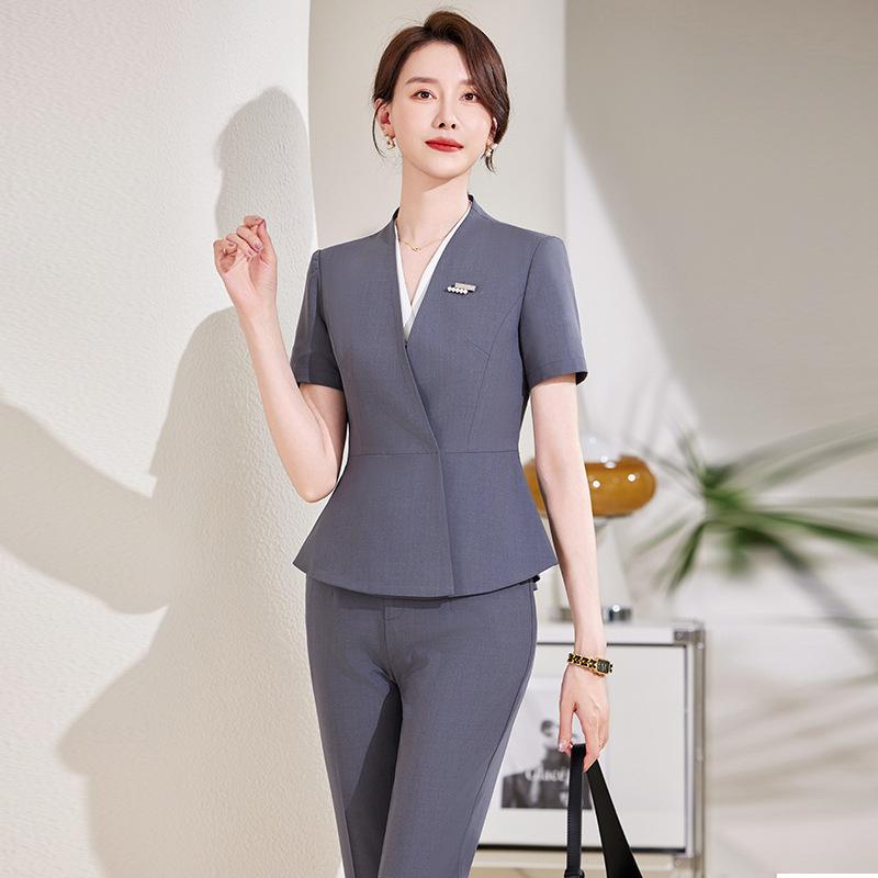 セットアップ レディース 半袖 三分袖 事務服 制服 接客 受付 飲食店 高級感 テーラードジャケット スカート パンツ 2点セット 3点セット ストレッチ ビジネス オフィス フォーマル 上品 ブラック グレー 夏