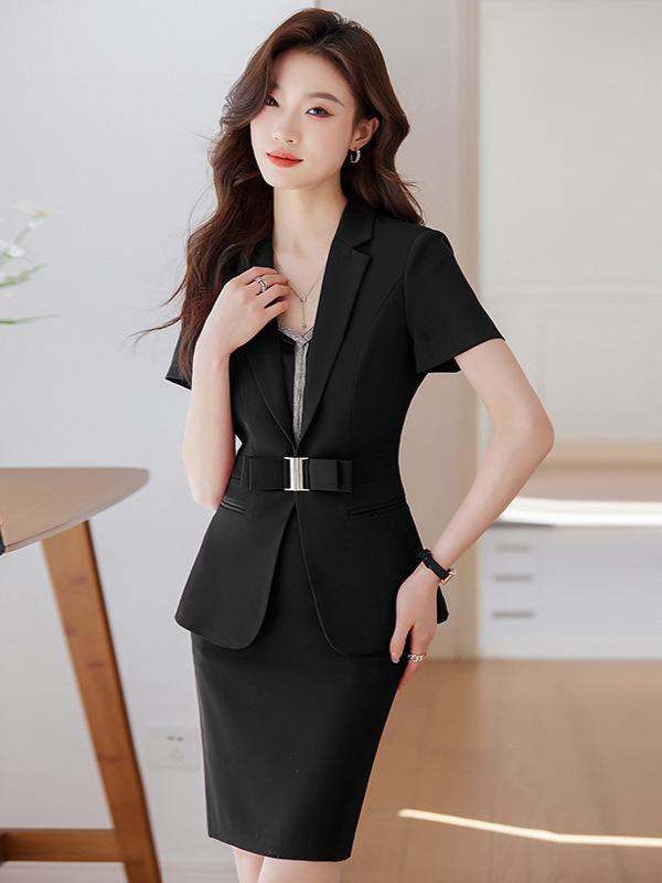 セットアップ レディース スーツ テーラードジャケット スカート 七分袖 半袖 春夏 通勤 事務服 接客 上品 きれいめ エレガント 高級感 ストレッチ ポリエステル 無地 黒 白 赤 大きいサイズ 膝丈 タイト 快適