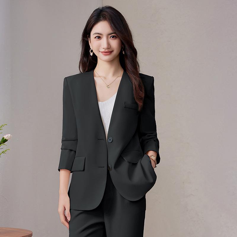 Suits For Job Interviews - セットアップ レディース ノーカラー ジャケット ロングパンツ ビジネス 通勤 オフィス 事務服 司会 アナウンサー 高級感 無地 春秋 ポリエステル ストレッチ シワになりにくい ポケット ベージュ ブラック パンツスーツ