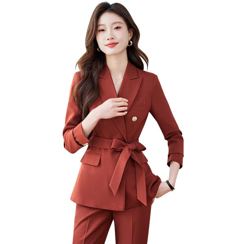 Pants Suit - セットアップ レディース スーツ パンツスーツ テーラードジャケット 長袖 秋冬 2点セット ベルト フレアパンツ ビジネス フォーマル 通勤 リクルート 就活 卒業式 入学式 高級感 ウール混 ストレッチ きれいめ カジュアル キャラメル ピンク