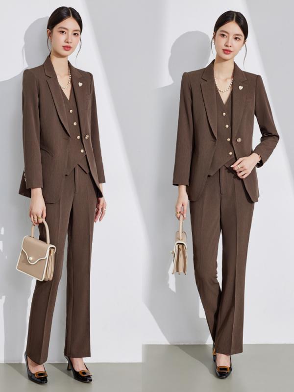 Pants Suit - セットアップ レディース パンツスーツ 事務服 テーラードジャケット ベスト フォーマル オフィス 通勤 高級感 きれいめ 上品 美脚 スラックス 長袖 秋冬 ブラック グレー ネイビー