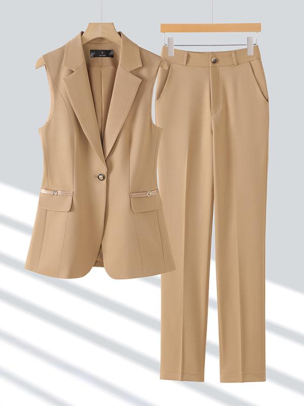 Suits For Job Interviews - セットアップ レディース ジレ テーラードベスト パンツ スラックス 事務服 通勤 オフィス ビジネス 秋冬 高級感 上品 きれいめ スリム 無地 ミドル丈 ボタン ポケット ポリエステル カーキ ピンク ホワイト
