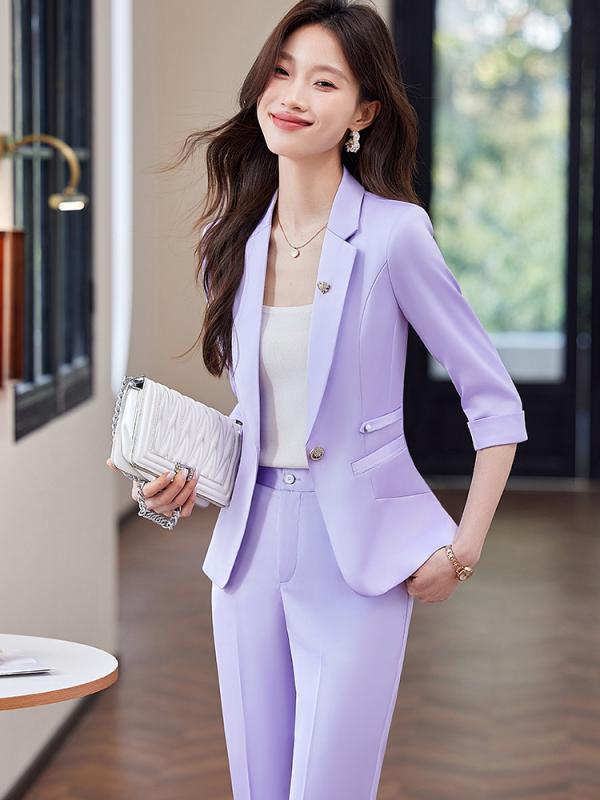 セットアップ レディース 春夏 七分袖 テーラードジャケット パンツスーツ 事務服 オフィス 通勤 フォーマル 高級感 スリム 杏 藤紫 青緑 ポリエステル 上下 30代 きれいめ