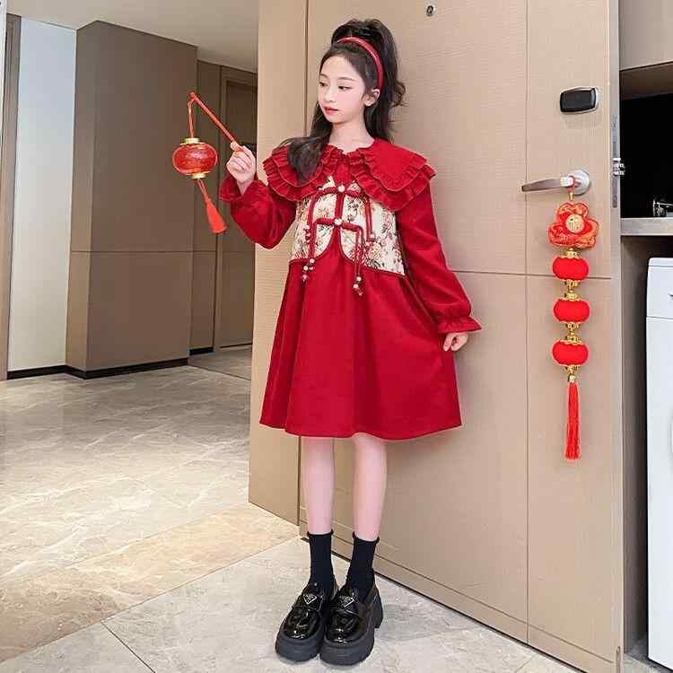 ワンピース 女の子 キッズ ジュニア 小学生 秋冬 裏起毛 長袖 フェイクレイヤード レトロ チャイナ風 お正月 新年 暖かい 防寒 チュチュ チュール レッド 赤 かわいい おしゃれ 発表会 膝丈 Aライン フリル