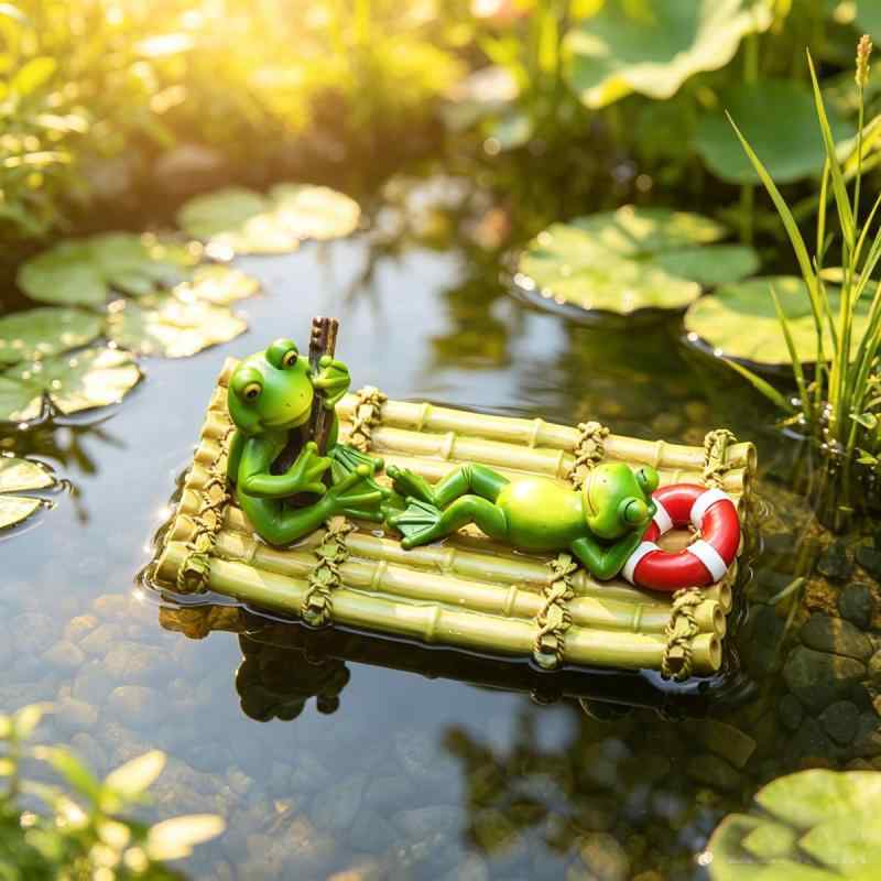 ・カテゴリ: 樹脂工芸品・スタイル: 田園風・カラー展開: 浮水青蛙睡荷叶、叼鱼小号浮水鸭、浮水青蛙钓鱼、情侣青蛙竹排・主な素材: 合成樹脂、プラスチック