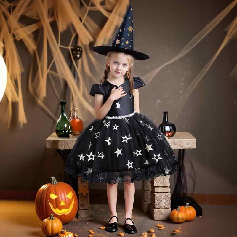 ドレス 女の子 キッズ ハロウィン 仮装 コスプレ 魔女 ウィッチ 帽子 星柄 ワンピース 発表会  ...