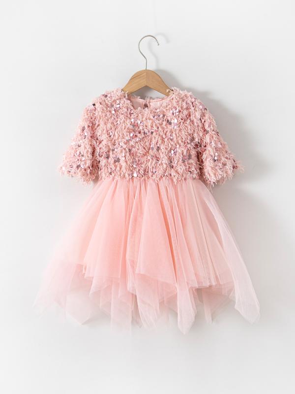 Rakuten - ワンピース 女の子 キッズ 子供服 ベビー プリンセス ドレス スパンコール フリンジ チュール 五分袖 春夏 発表会 結婚式 フォーマル かわいい おしゃれ お姫様 ステージ衣装 コットン 高級感 ピンク アイボリー