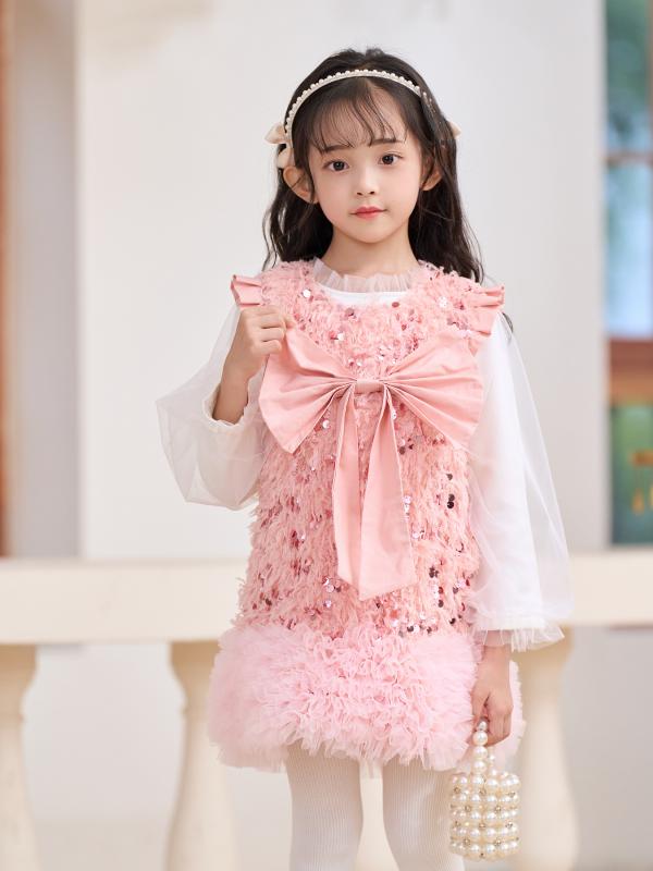 乐天商城 - ワンピース 女の子 キッズ 子供用 プリンセス ドレス スパンコール フリンジ Aライン コーデュロイ ノースリーブ フォーマル 発表会 結婚式 パーティー 高級感 裏起毛 ベージュ ワインレッド ピンク オールシーズン