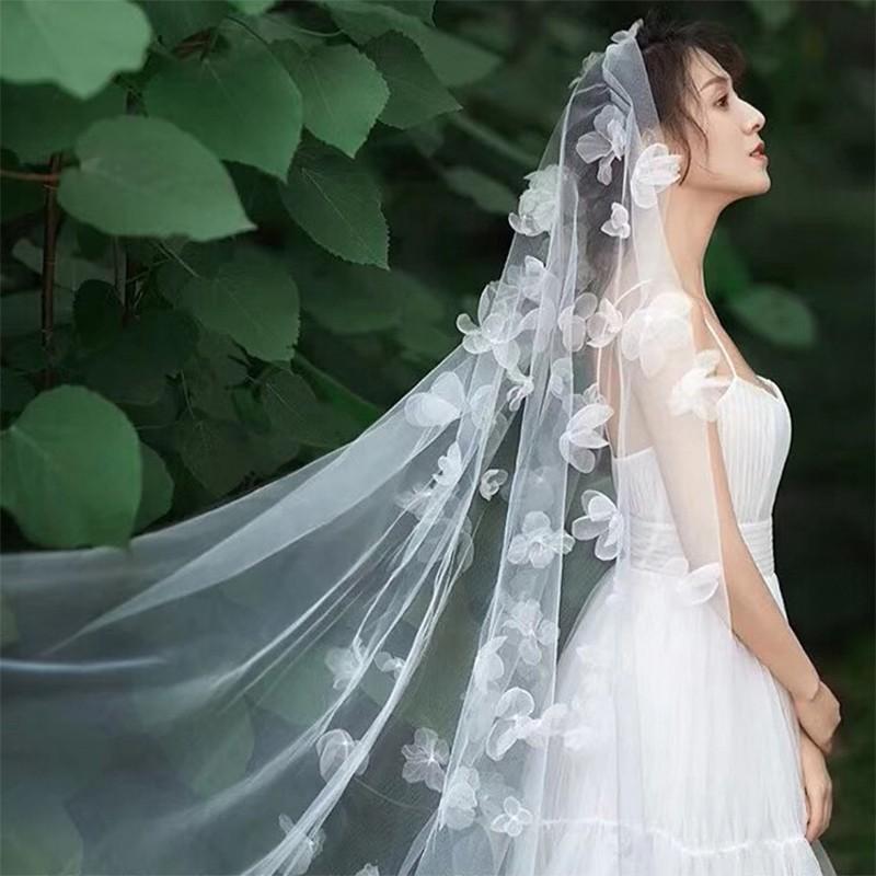 ウエディングベール レディース 花嫁 ブライダル 結婚式 挙式 前撮り シンプル ナチュラル 上品 エレガント 清楚 レトロ 髪飾り アクセサリー 小物 繊細 2m ロング フラワー 布製 撮影用
