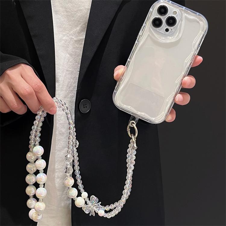 スマホショルダー レディース ロング ネックストラップ 斜めがけ 首下げ ビーズ パール風 リボン 黒 ホワイト パッチ 落下 紛失防止 高級感 透明シート 全機種 アクセサリー かわいい お散歩
