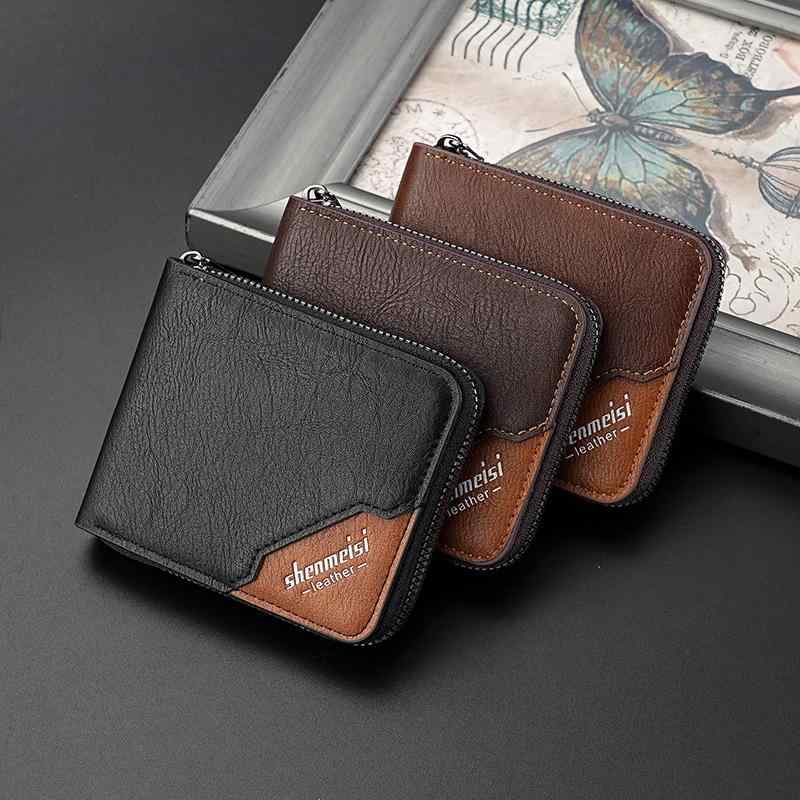 C, L, R, W - 二つ折り財布 メンズ 財布 札入れ 小銭入れ 短財布 ウォレット カードケース 合成革 PUレザー 大容量 ファスナー チェーン ヴィンテージ風 無地 シンプル コンパクト 軽量 多機能 収納 拡張 普段使い 通勤 通学 春夏 黒 コーヒー ブラウ