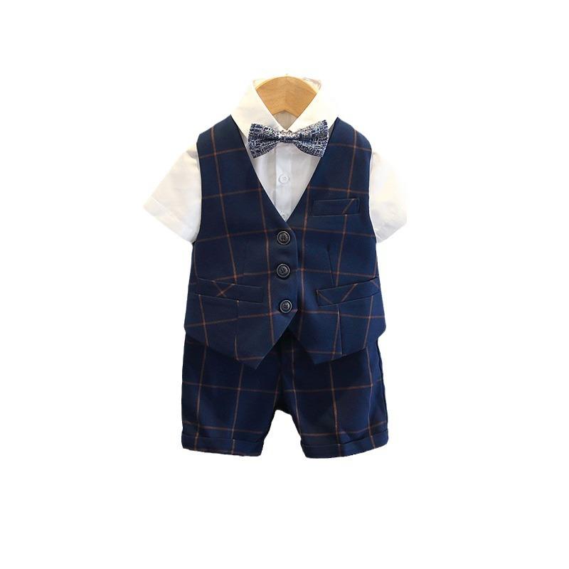 セットアップ 男の子 キッズ ベビー スーツ フォーマル 礼服 チョッキ ベスト 上下セット 春夏 結婚式 発表会 誕生日 英国風 チェック柄 半袖 長袖 シャツ 蝶ネクタイ 快適 薄手 ポリエステル ブルー ホワイト 高級感
