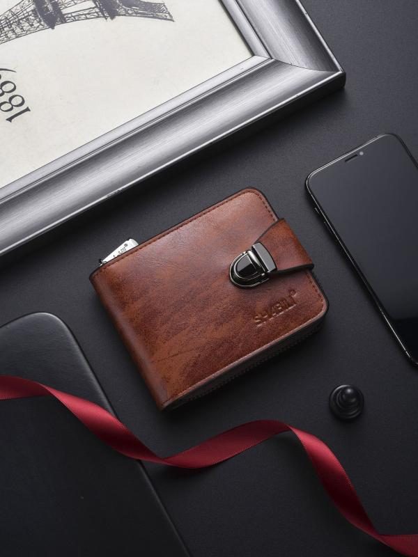 M - 財布 メンズ 二つ折り ヴィンテージ風 合成革 PU レザー ファスナー カード収納 大容量 小銭入れ コインケース バックル ボタン 無地 普段使い カジュアル ビジネス 黒 コーヒー ライトブラウン 高級感 ウォレット