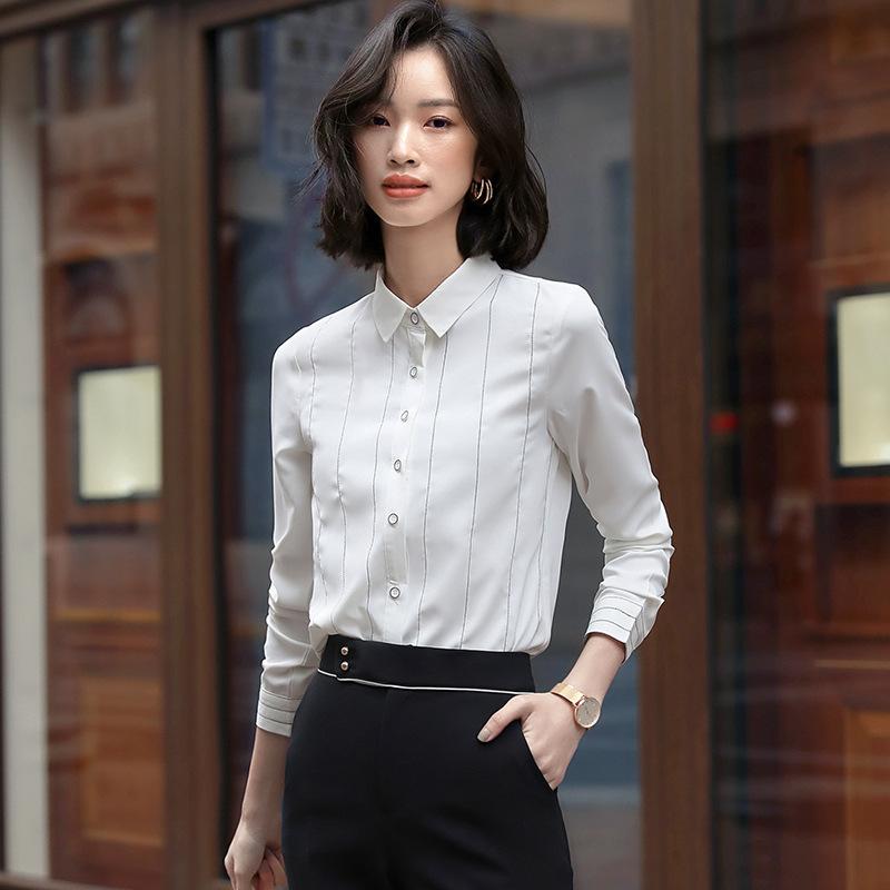 樂天商城 - シャツ レディース ブラウス 長袖 ストライプ柄 事務服 オフィス 通勤 シフォン スリム タイト レギュラーカラー トップス 前開き ボタン 襟 ポリエステル 秋冬 きれいめ カジュアル 上品 白 青