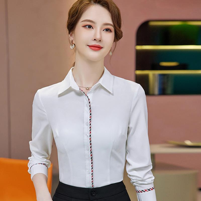 シャツ レディース ブラウス トップス 長袖 秋冬 通勤 事務服 オフィス きれいめ 無地 シフォン ポリエステル スリム ホワイト スカイブルー グレー ボタン 立体装飾 エレガント 上品 40代 frontop-13335203 フロントップ楽天市場店 パッケージ画像