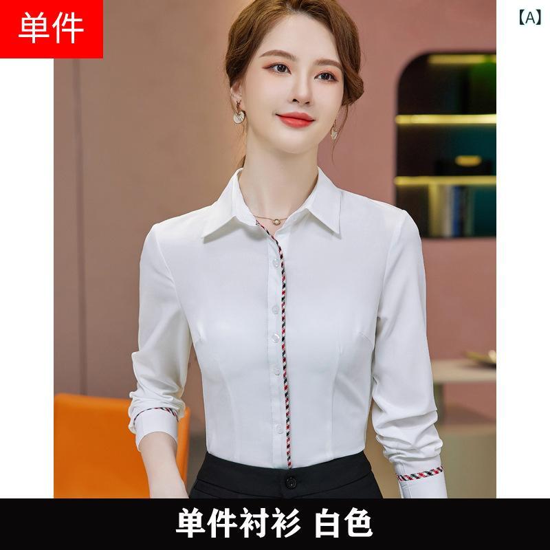 シャツ レディース ブラウス トップス 長袖 秋冬 通勤 事務服 オフィス きれいめ 無地 シフォン ポリエステル スリム ホワイト スカイブルー グレー ボタン 立体装飾 エレガント 上品 40代 frontop-13335203 フロントップ楽天市場店 サンプル画像2