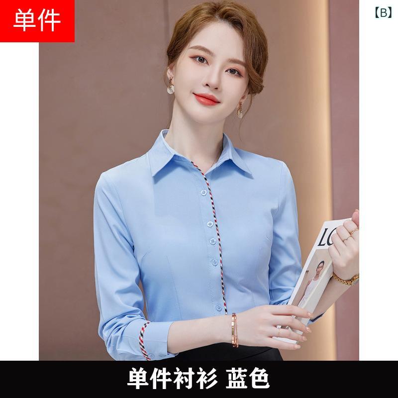 シャツ レディース ブラウス トップス 長袖 秋冬 通勤 事務服 オフィス きれいめ 無地 シフォン ポリエステル スリム ホワイト スカイブルー グレー ボタン 立体装飾 エレガント 上品 40代 frontop-13335203 フロントップ楽天市場店 サンプル画像3