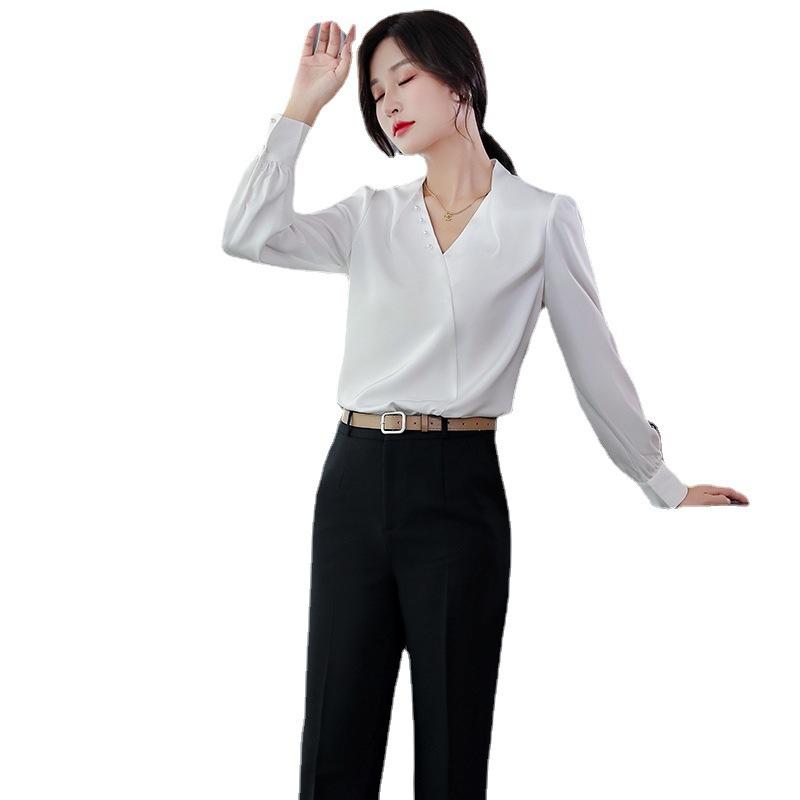ブラウス レディース シャツ トップス 長袖 Vネック ゆったり シフォン サテン ポリエステル 無地 高級感 エレガント きれいめ オフィス 通勤 仕事用 秋冬 白 青 ホワイト ゆったり 大きいサイズ 40代 frontop-13335207 フロントップ楽天市場店 パッケージ画像