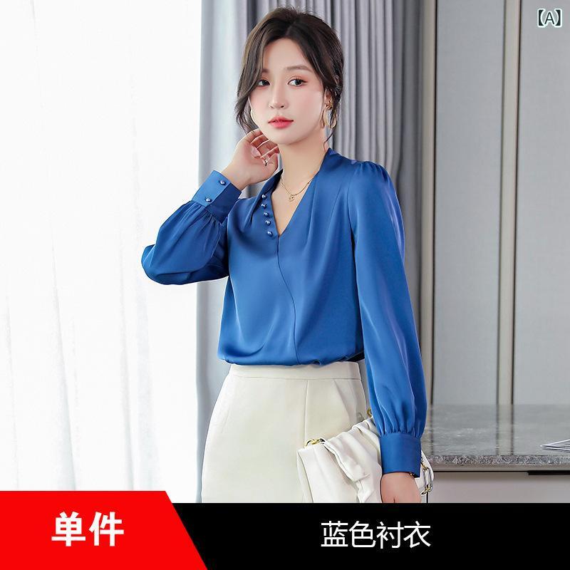 ブラウス レディース シャツ トップス 長袖 Vネック ゆったり シフォン サテン ポリエステル 無地 高級感 エレガント きれいめ オフィス 通勤 仕事用 秋冬 白 青 ホワイト ゆったり 大きいサイズ 40代 frontop-13335207 フロントップ楽天市場店 サンプル画像2
