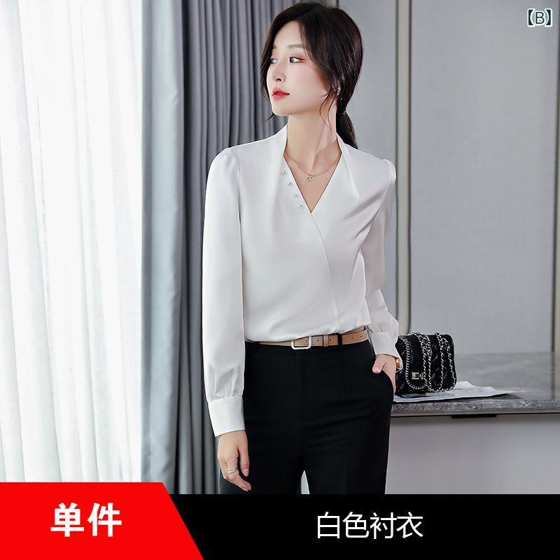 ブラウス レディース シャツ トップス 長袖 Vネック ゆったり シフォン サテン ポリエステル 無地 高級感 エレガント きれいめ オフィス 通勤 仕事用 秋冬 白 青 ホワイト ゆったり 大きいサイズ 40代 frontop-13335207 フロントップ楽天市場店 サンプル画像3