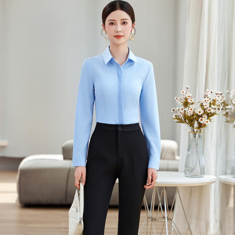 乐天商城 - シャツ レディース セットアップ 長袖 ブラウス オフィス 制服 通勤 受付 接客 パンツ スカート 伸縮性 シワになりにくい ポリエステル 高級感 きれいめ 上品 白 ブルー 黒 30代 秋冬