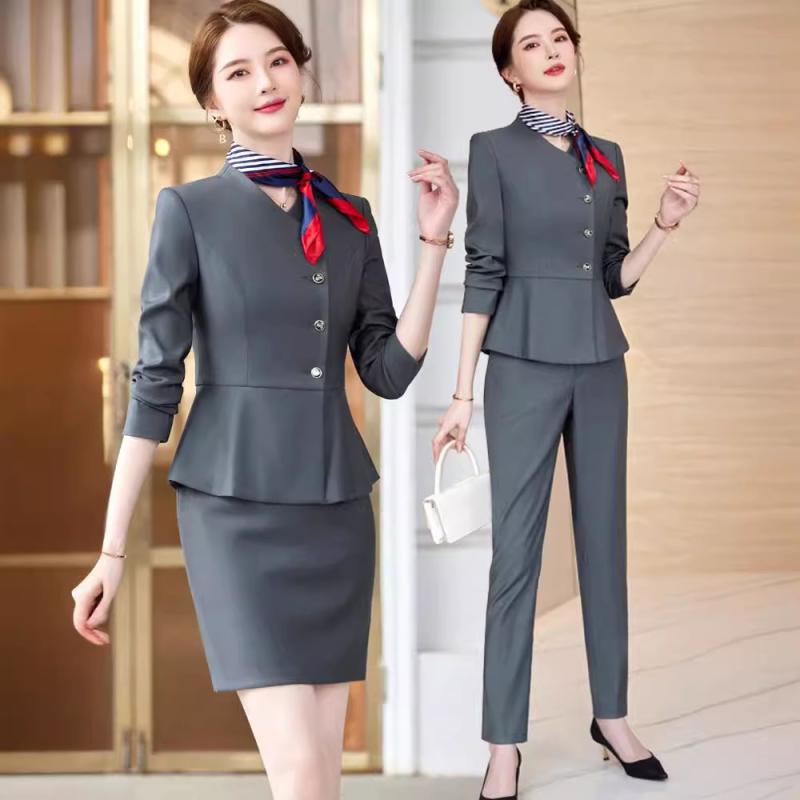 Suits For Job Interviews - セットアップ レディース スーツ 事務服 ホテル 美容師 制服 仕事着 ジャケット パンツ スカート 上下セット ビジネス フォーマル エレガント 高級感 きれいめ 長袖 春夏 ポリエステル ブラック ブルー グレー
