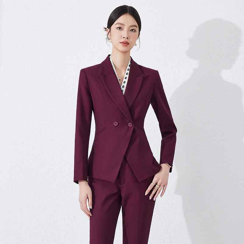 Pants Suit - スーツ レディース セットアップ ジャケット パンツ スカート ビジネス 通勤 面接 春夏 長袖 襟 ボタン 無地 ストレッチ ポリエステル 大きいサイズ 高級感 上品 きれいめ ワインレッド ネイビー ブラック